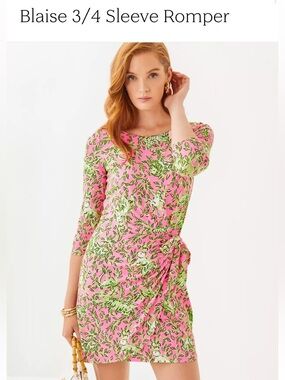 NWT Lilly Pulitzer Blaise 3/4 Sleeve Romper Rosseau Pink Sz L